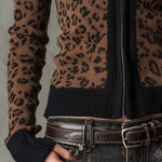 Vintage Leopard Print Slim Fit Zip Cardigan