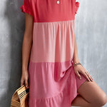 Loose Ruffle Sleeves Contrast Color Falbala Pleated Split-Joint Round-Neck Mini Dresses