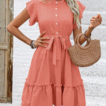A-Line Loose Buttoned Pleated Polka-Dot Tied Waist Round-Neck Mini Dresses