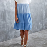 Loose Ruffle Sleeves Contrast Color Falbala Pleated Split-Joint Round-Neck Mini Dresses