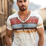 Men's Retro Casual Shabby Striped Printed V-Neck Short Sleeve T-Shirt