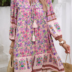 A-Line Loose Contrast Color Drawstring Flower Print Pleated Split-Joint V-Neck Mini Dresses