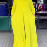 Loose Wide Leg Pockets Solid Color Round-Neck Jumpsuits