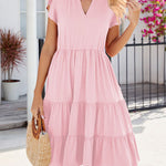 Loose Ruffle Sleeves Pleated Pockets Solid Color Split-Joint V-Neck Midi Dresses