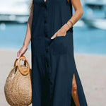 Cotton And Linen Sleeveless Solid Loose V-neck Maxi Dress