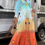 Gigi Unique Pattern Gradient Print Smocked Elastic Waist Fringed Maxi Dress