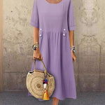 A-Line Loose Buttoned Pleated Round-Neck Midi Dresses