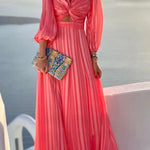 Striped Bow Hollow Out V-Neck Bishop Sleeve Maxi Dress