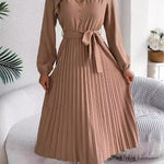High Waisted Long Sleeves Belted Buttoned Pleated Solid Color V-Neck Maxi Dresses