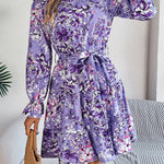 A-Line High Waisted Elasticity Flower Print Pleated Tied Waist Stand Collar Mini Dresses