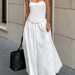 Loose Sleeveless Pleated Solid Color Split-Joint Spaghetti-Neck Midi Dresses