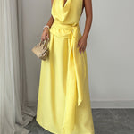 High Waisted Sleeveless Pleated Solid Color Tied Waist Halter-Neck Midi Dresses