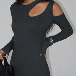 Long Sleeves Skinny Hollow Solid Color Cold Shoulder Maxi Dresses