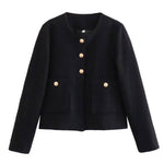 Round Neck Slim Fit Colorblock Women's Button Jacket