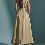 A-Line High Waisted Belted Buttoned Pockets Solid Color Round-Neck Maxi Dresses