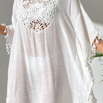 Batwing Sleeves Loose Hollow Solid Color Sun Protection Tasseled Round-Neck Cover-Ups Tops Midi Dresses