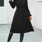 A-Line Long Sleeves Buttoned Solid Color Tied Waist Asymmetric Collar Midi Dresses