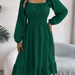 A-Line Elasticated Waist Pleated Ruffled Solid Color Square-Neck Midi Dresses