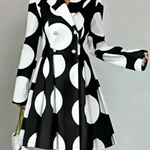 A-line High Waisted Buttoned Contrast Color Pleated Polka-Dot Lapel Mini Dresses