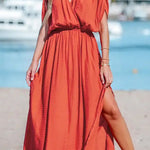Surplice Neck Split Hem Ruched Maxi Dress