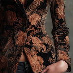Velvet Floral Print Blazer In Black And Bronze