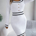 Bodycon Long Sleeves Buttoned Contrast Color Plaid Square-Neck Mini Dresses Sweater Dresses