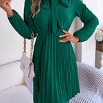 Long Sleeves Loose Pleated Solid Color Tied Mock Neck Mini Dresses