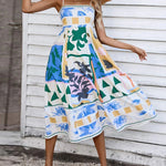 High Waisted Sleeveless Pleated Printed Split-Joint Collarless Midi Dresses Slip Dress