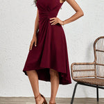 A-Line High Waisted Asymmetric Pleated Solid Color Split-Joint Round-Neck Midi Dresses