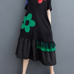 Loose Short Sleeves Floral Printed Split-Joint Round-Neck Midi Dresses