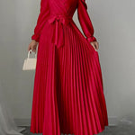 A-Line High Waisted Pleated Solid Color Tied Waist V-Neck Maxi Dresses