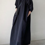 Loose Puff Sleeves Pleated Split-Joint Zipper Stand Collar Maxi Dresses Shirt Dress