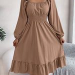A-Line Elasticated Waist Pleated Ruffled Solid Color Square-Neck Midi Dresses