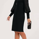 Round neck lace lantern sleeve midi dress