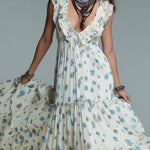 Bohemian Floral Print Pleated Maxi Dress With Ruffles