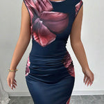 Bodycon Sleeveless Contrast Color Flower Print Round-Neck Maxi Dresses