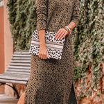 Leopard Round Neck Long Sleeve Split Maxi Dress