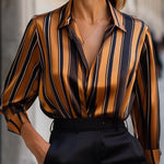 Long Sleeves Loose Contrast Color Striped Lapel Blouses&Shirts Tops