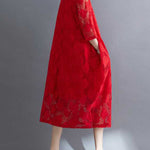 Half Sleeves Loose Hollow Solid Color Round-Neck Midi Dresses
