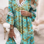 V-neck printed lace stitching bohemian casual holiday dress