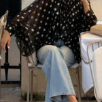 Polka Dot Print Tie-waist Lantern Sleeve Elegant Loose Shirt