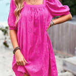 Loose Puff Sleeves Jacquard Solid Color Square-Neck Mini Dresses
