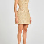 Gold Standard Tweed Fabric Pearl Button Short Sleeve Pocketed Mini Dress