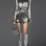 A-Line Flared Sleeves Belted Pleated Solid Color Round-Neck Mini Dresses