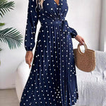 High Waisted Long Sleeves Pleated Polka Dot Tied Waist V-Neck Maxi Dresses Shirt Dress