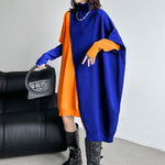 Batwing Sleeves Hipster Asymmetric Contrast Color Split-Joint High-Neck Midi Dresses Sweater Dresses