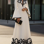A-Line Flared Sleeves Abstract Printed Contrast Color Hollow Line Split-Joint Stand Collar Maxi Dresses