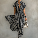 Women's Chiffon Striped Printed Lapel Short-sleeved Belted Maxi Dress