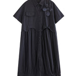 Loose Short Sleeves Elasticity Pleated Split-Joint Lapel Midi Dresses