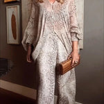 Iselle Animal Print Button Up Batwing Sleeve Shirt and Elastic Waist Wide Leg Pants Set